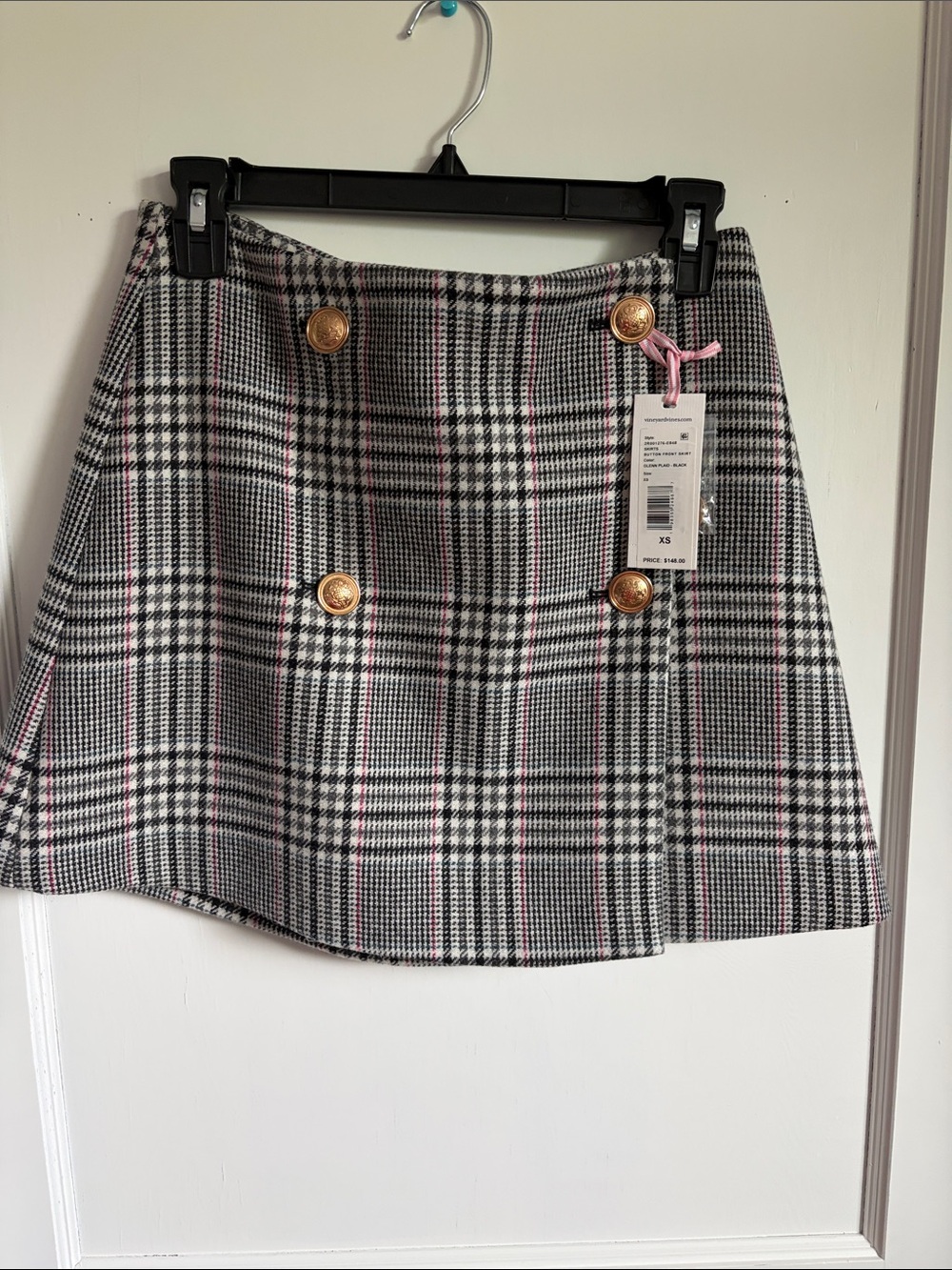 Vineyard Vines Glen Plaid Black, White & Pink Plaid Double-Button Mini Skirt